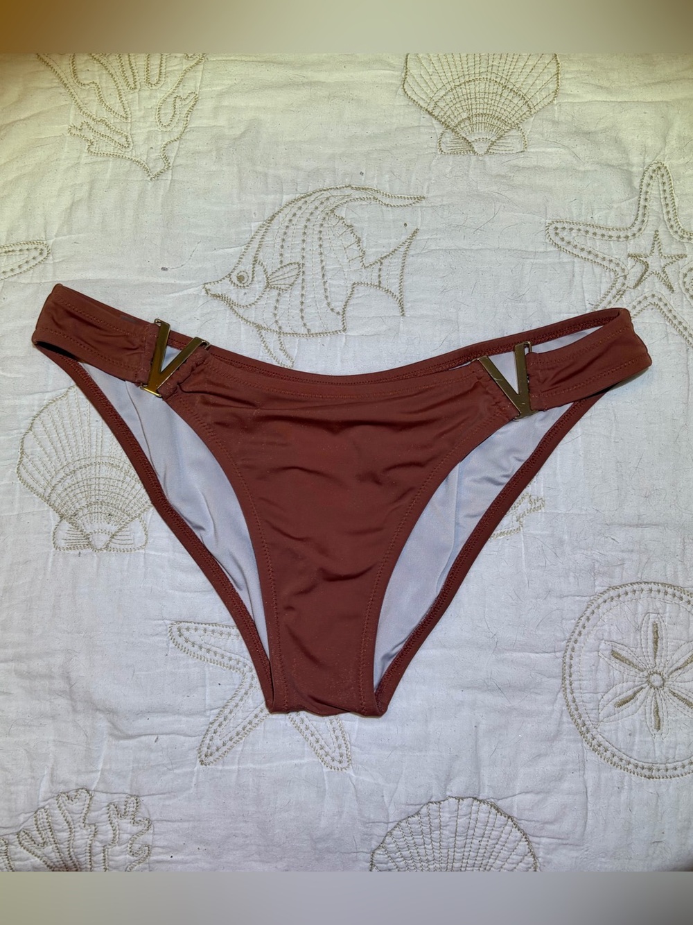 Victoria’s Secret Cocoa Brown Bikini Bottom with Gold V Accents. Size Large